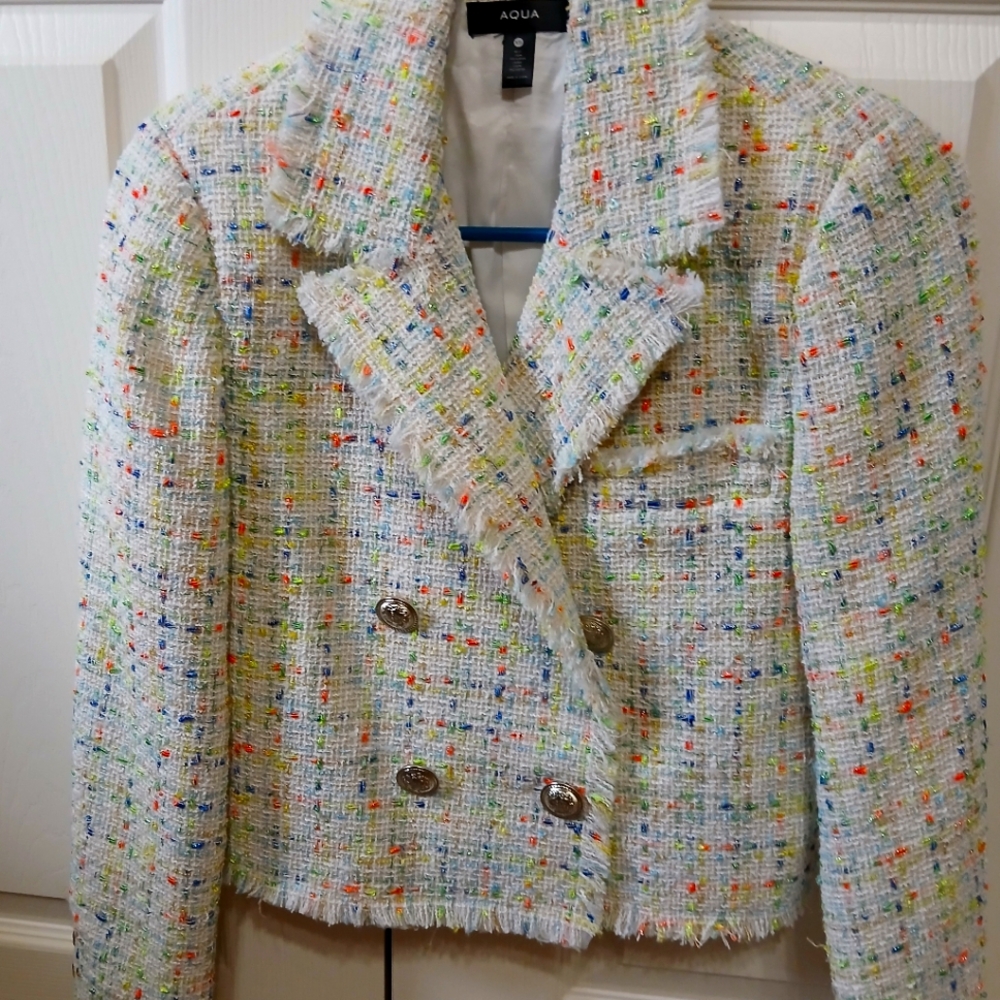 AQUA TWEED CROPPED JACKET, DOUBLE-BREASTED, XS, VGUC
